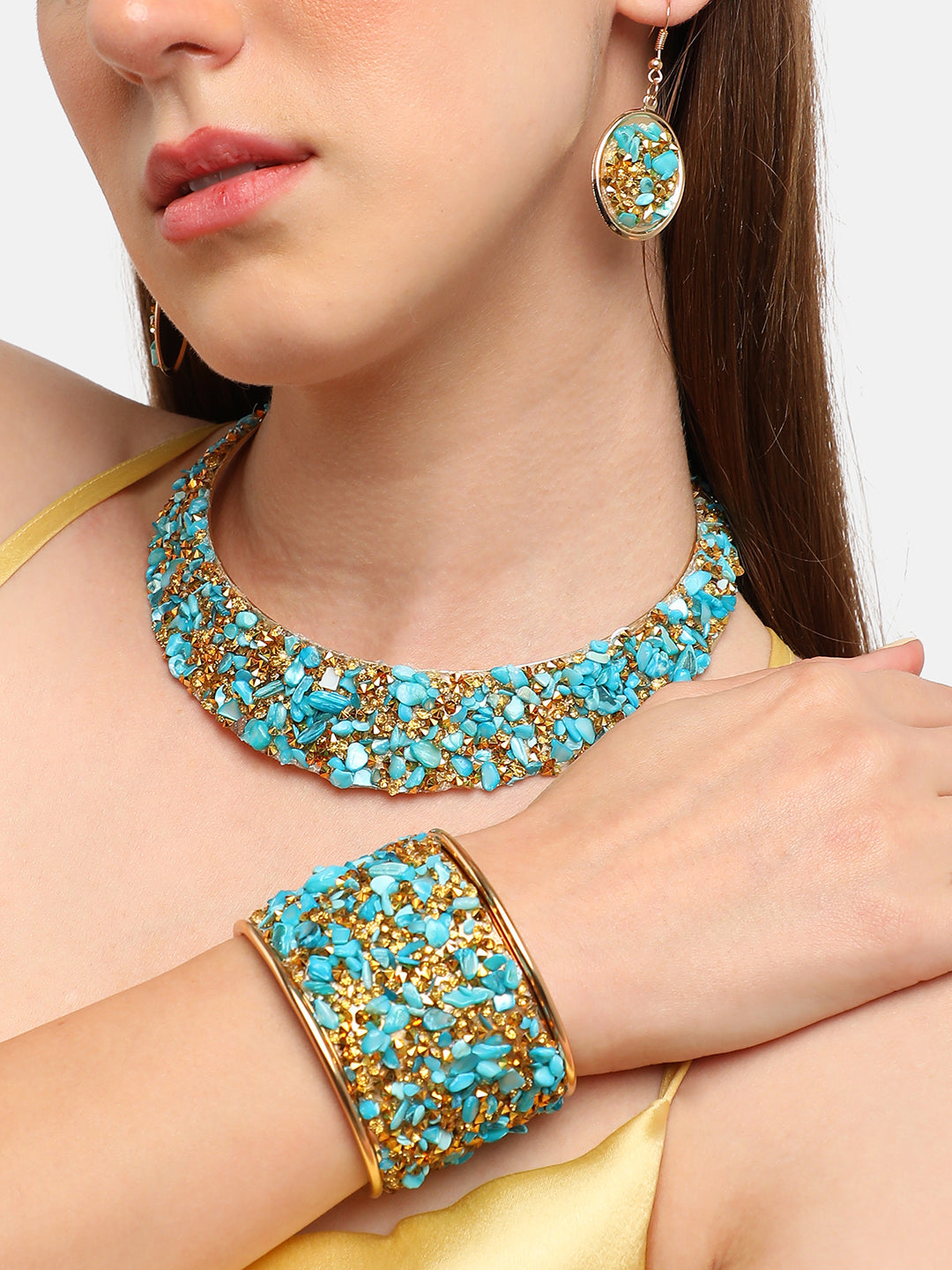 GOLD PLATED PARTY DESIGNER STONE NECKLACE AND EARRING SET FOR WOMEN