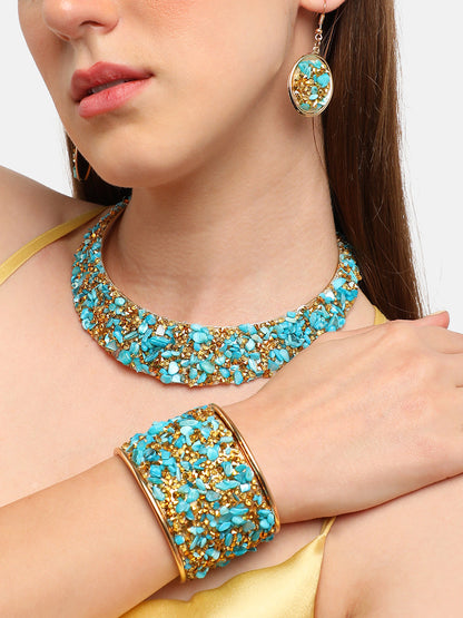 GOLD PLATED PARTY DESIGNER STONE NECKLACE AND EARRING SET FOR WOMEN