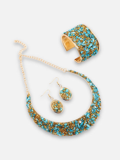 GOLD PLATED PARTY DESIGNER STONE NECKLACE AND EARRING SET FOR WOMEN