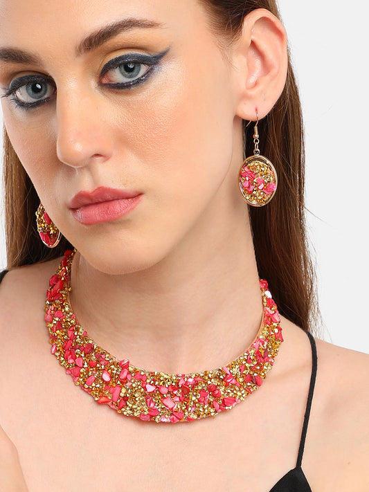 GOLD PLATED PARTY DESIGNER STONE NECKLACE AND EARRING SET FOR WOMEN