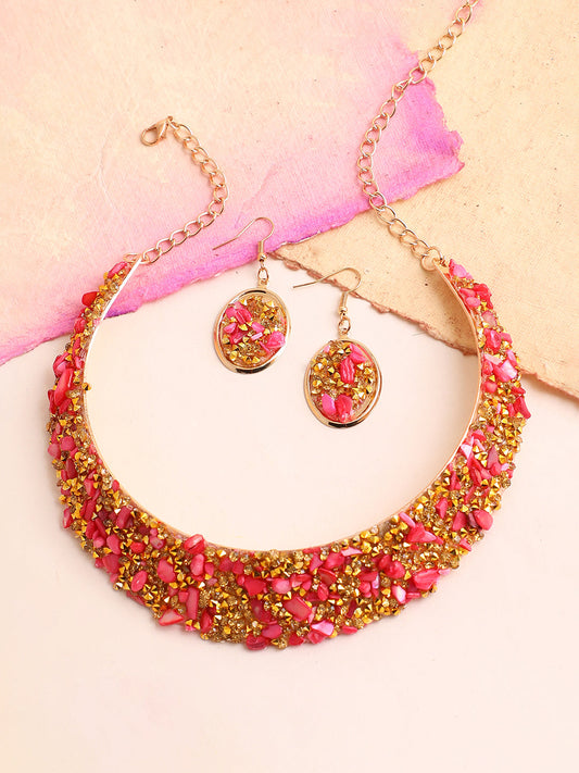 GOLD PLATED PARTY DESIGNER STONE NECKLACE AND EARRING SET FOR WOMEN