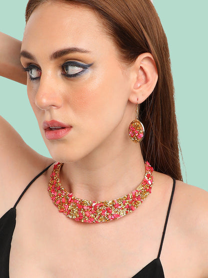 GOLD PLATED PARTY DESIGNER STONE NECKLACE AND EARRING SET FOR WOMEN