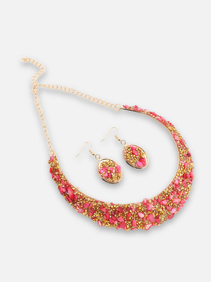 GOLD PLATED PARTY DESIGNER STONE NECKLACE AND EARRING SET FOR WOMEN