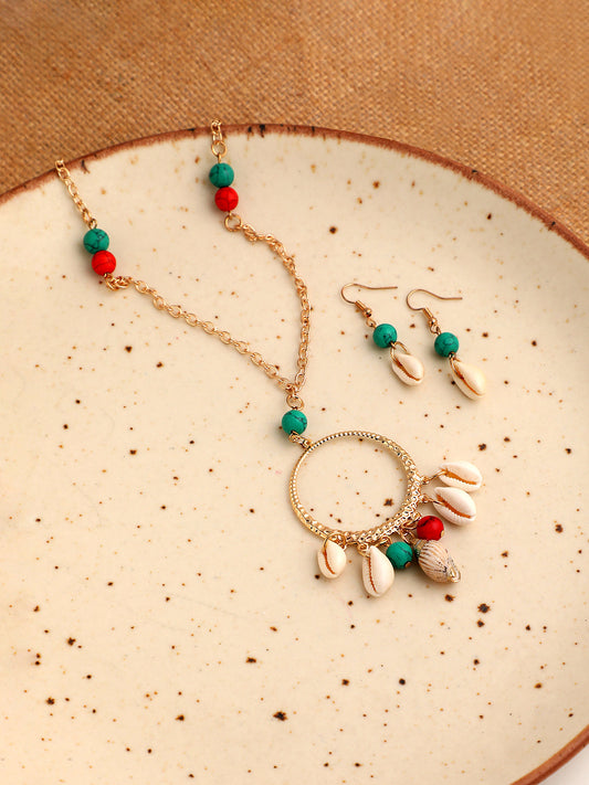 GOLD PLATED PARTY DESIGNER STONE NECKLACE AND EARRING SET FOR WOMEN