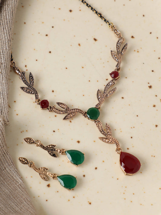 GOLD PLATED PARTY DESIGNER STONE NECKLACE AND EARRING SET FOR WOMEN