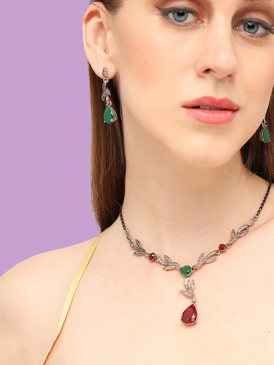 GOLD PLATED PARTY DESIGNER STONE NECKLACE AND EARRING SET FOR WOMEN