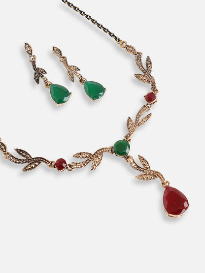 GOLD PLATED PARTY DESIGNER STONE NECKLACE AND EARRING SET FOR WOMEN