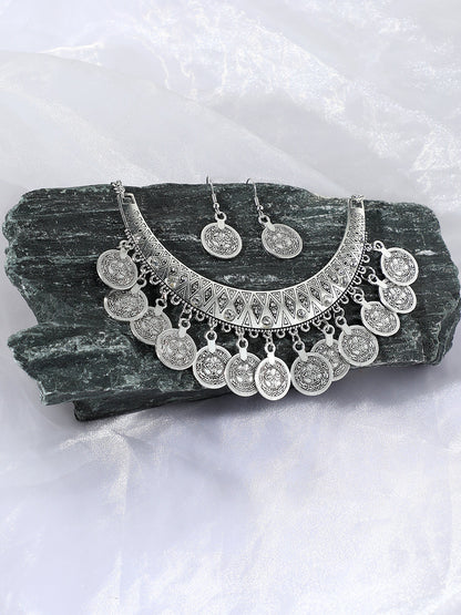 SILVER PLATED DESIGNER STONE NECKLACE AND EARRING SET