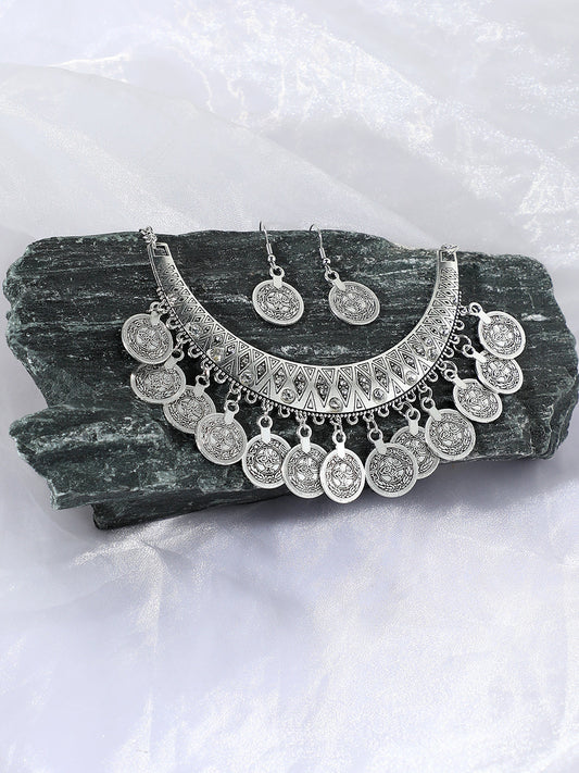 SILVER PLATED DESIGNER STONE NECKLACE AND EARRING SET