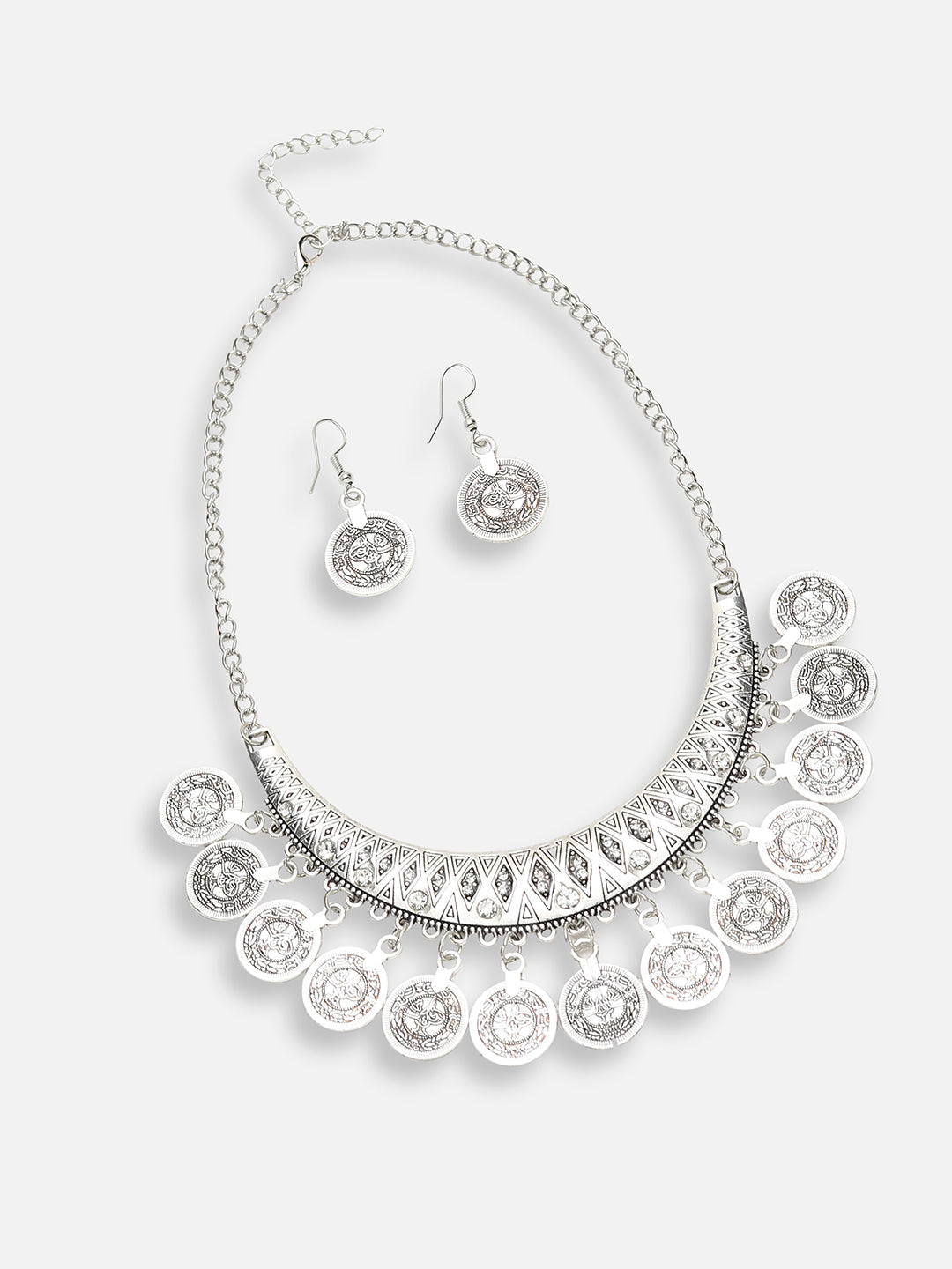 SILVER PLATED DESIGNER STONE NECKLACE AND EARRING SET