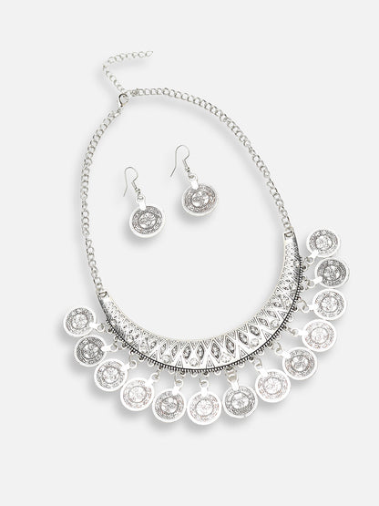 SILVER PLATED DESIGNER STONE NECKLACE AND EARRING SET