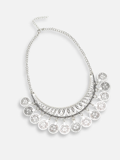 SILVER PLATED DESIGNER STONE NECKLACE AND EARRING SET