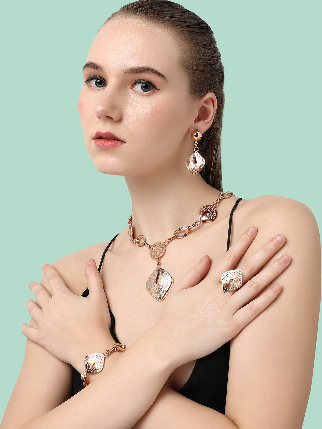 GOLD PLATED DESIGNER STONE NECKLACE, EARRING, RING AND BRACELET SET