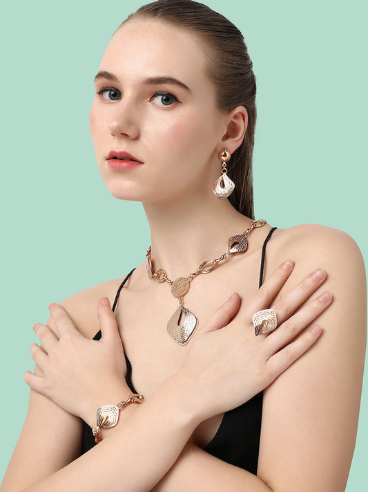 GOLD PLATED DESIGNER STONE NECKLACE, EARRING, RING AND BRACELET SET