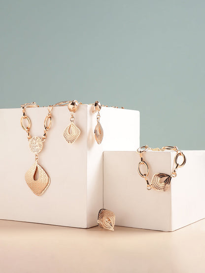 GOLD PLATED DESIGNER STONE NECKLACE, EARRING, RING AND BRACELET SET