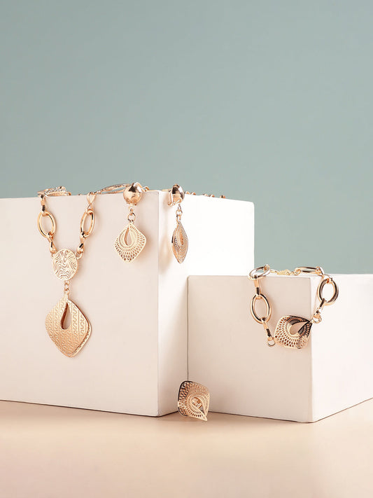GOLD PLATED DESIGNER STONE NECKLACE, EARRING, RING AND BRACELET SET