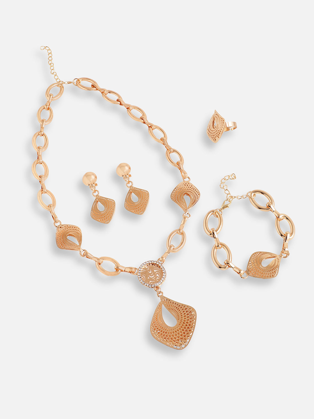 GOLD PLATED DESIGNER STONE NECKLACE, EARRING, RING AND BRACELET SET