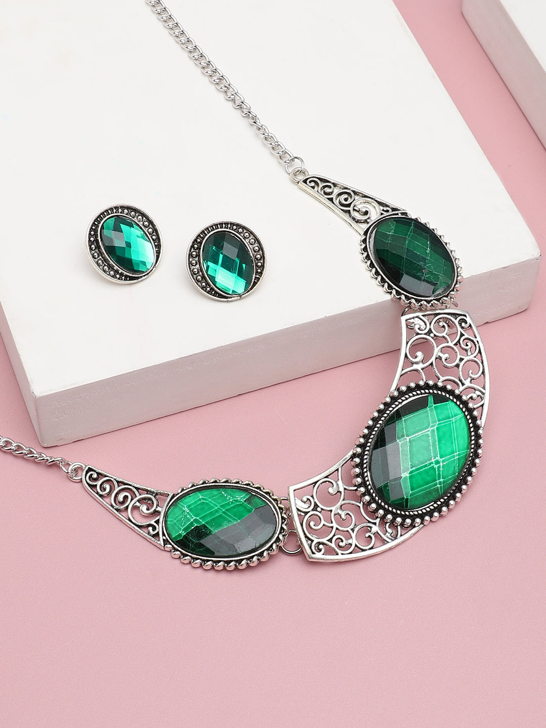 SILVER PLATED PARTY DESIGNER STONE NECKLACE AND EARRING SET FOR WOMEN