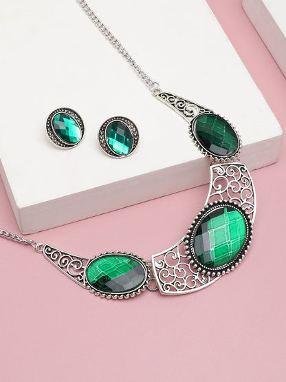 SILVER PLATED PARTY DESIGNER STONE NECKLACE AND EARRING SET FOR WOMEN