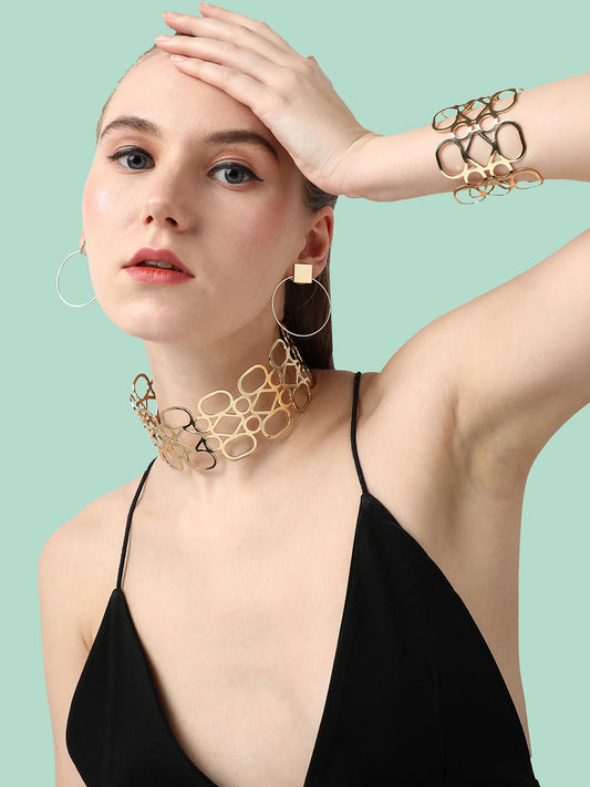 GOLD PLATED DESIGNER NECKLACE, EARRINGS AND BRACELET SET