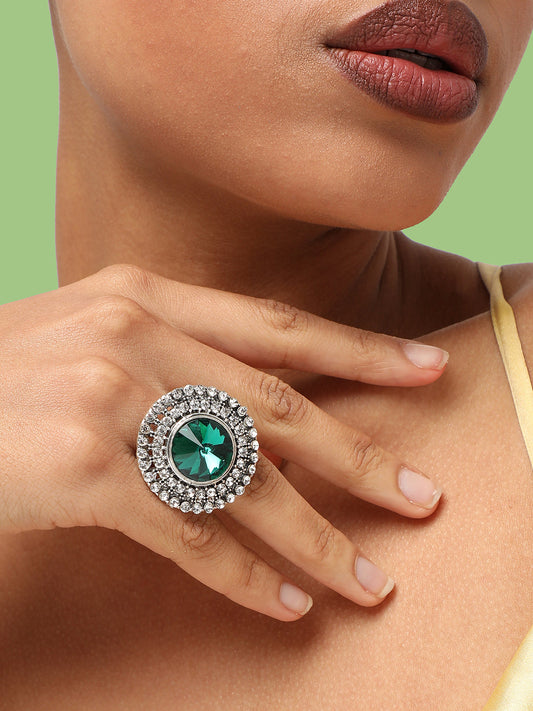 SILVER PLATED PARTY DESIGNER STONE RING FOR WOMEN