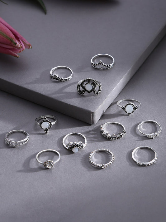 SOHI WOMEN PACK OF 12 SILVER-PLATED OXIDISED FINGER RINGS
