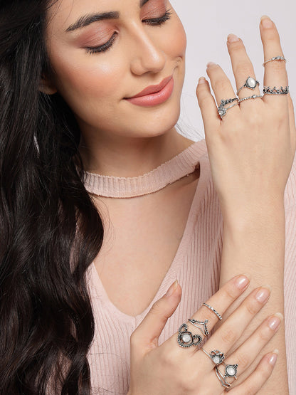 SOHI WOMEN PACK OF 12 SILVER-PLATED OXIDISED FINGER RINGS