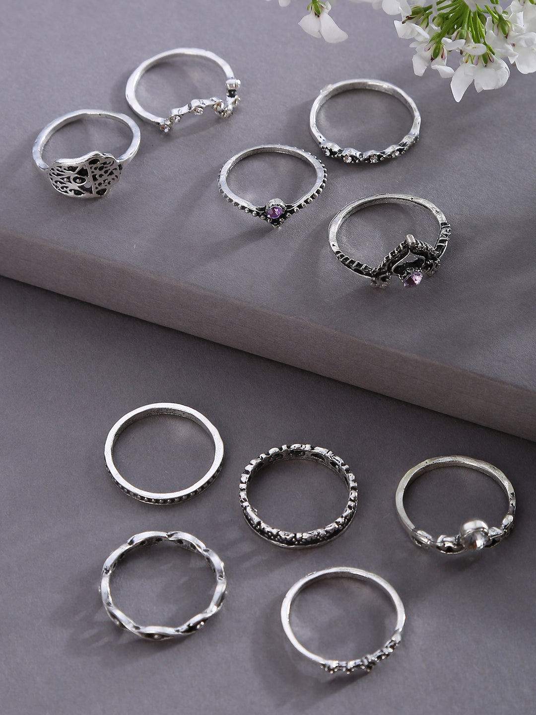 SOHI WOMEN PACK OF 10 SILVER-PLATED OXIDISED FINGER RINGS