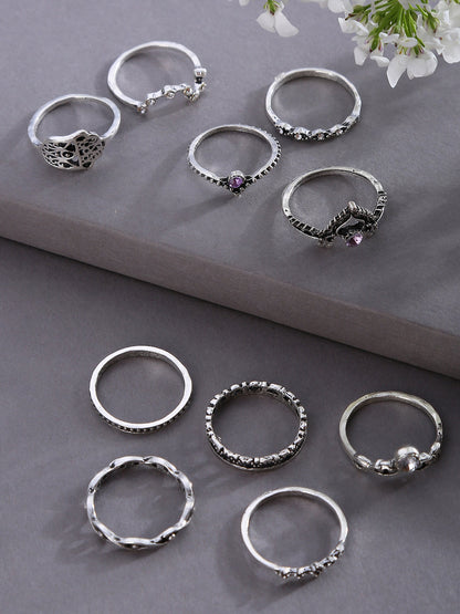 SOHI WOMEN PACK OF 10 SILVER-PLATED OXIDISED FINGER RINGS