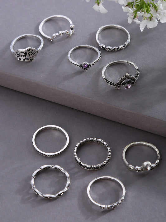 SOHI WOMEN PACK OF 10 SILVER-PLATED OXIDISED FINGER RINGS