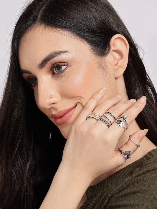 SOHI WOMEN PACK OF 10 SILVER-PLATED OXIDISED FINGER RINGS