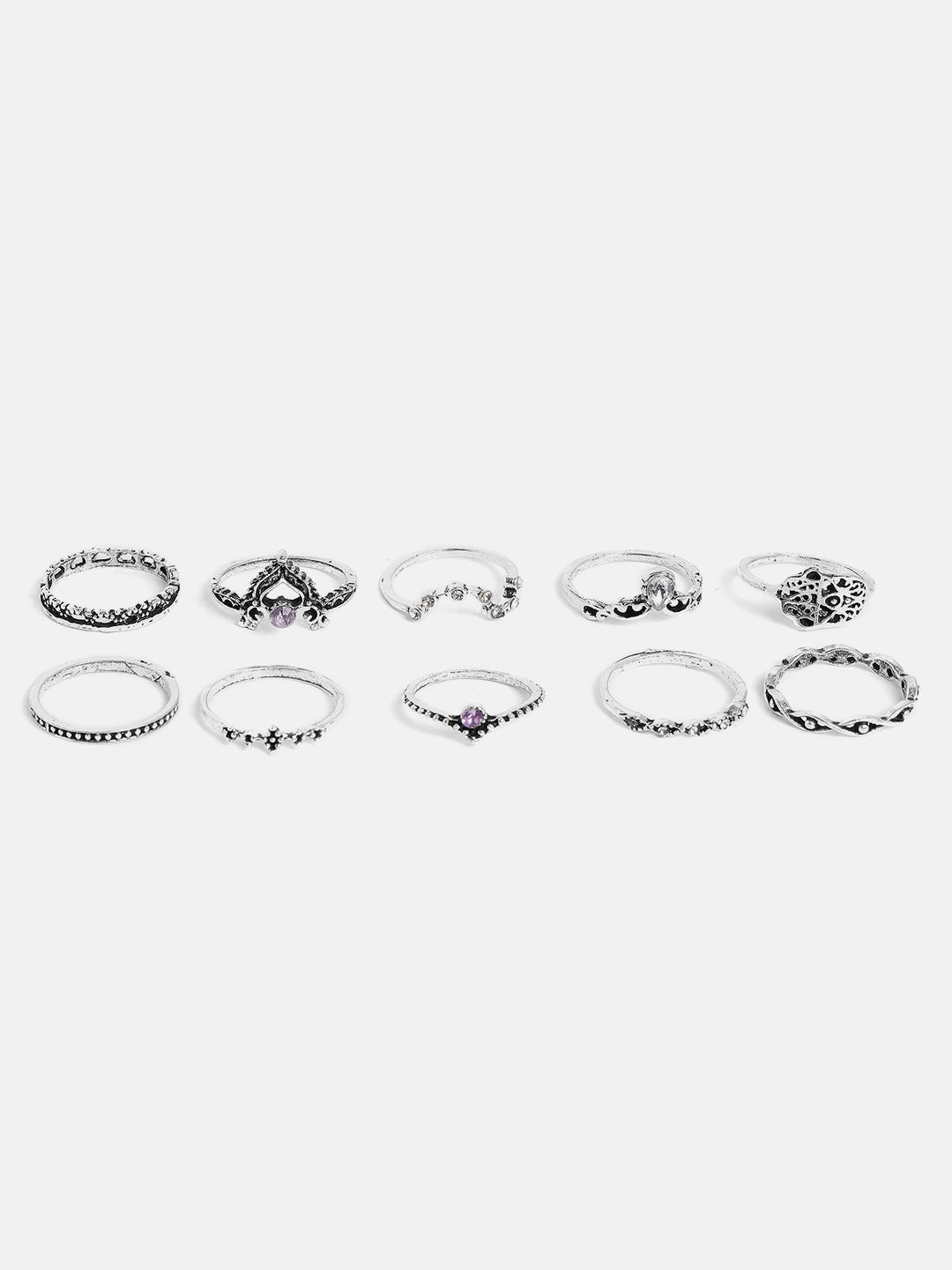 SOHI WOMEN PACK OF 10 SILVER-PLATED OXIDISED FINGER RINGS