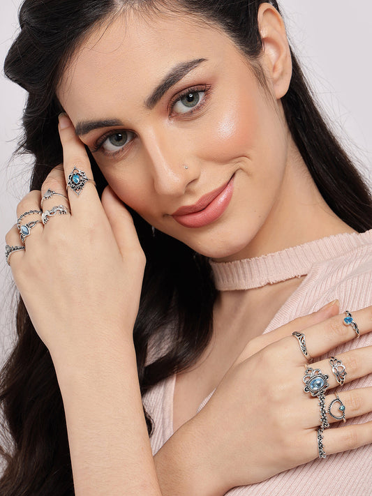 SOHI  SET OF 13 SILVER-PLATED FINGER RINGS