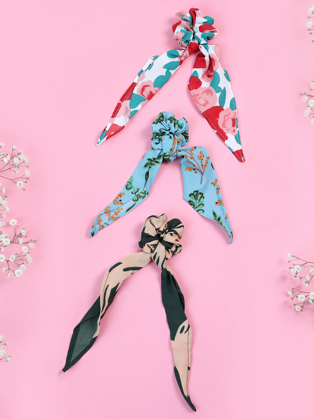 PACK OF 3 FLORAL PRINTED SCARF SCRUNCHIES