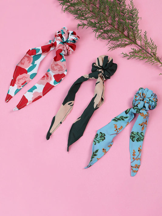 PACK OF 3 FLORAL PRINTED SCARF SCRUNCHIES