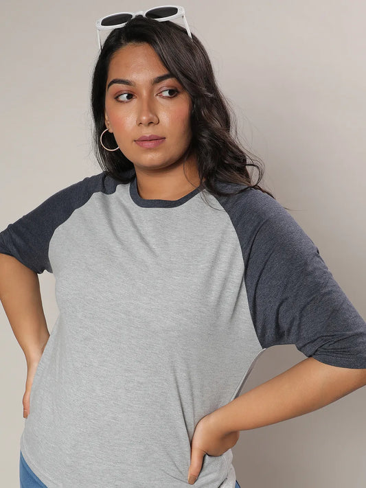 Light Grey & Prussian Blue Raglan Sleeve Top