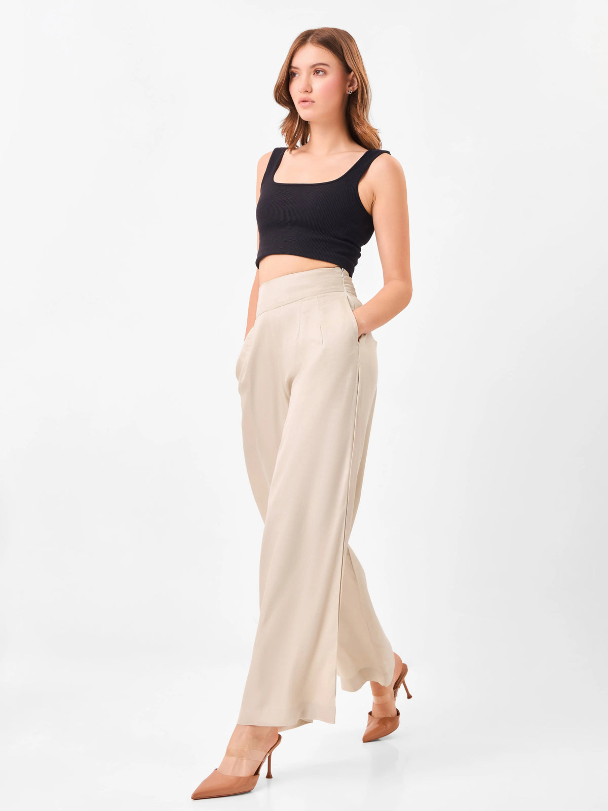Latte Flow High Waist Wide Leg Beige Pants Zumee