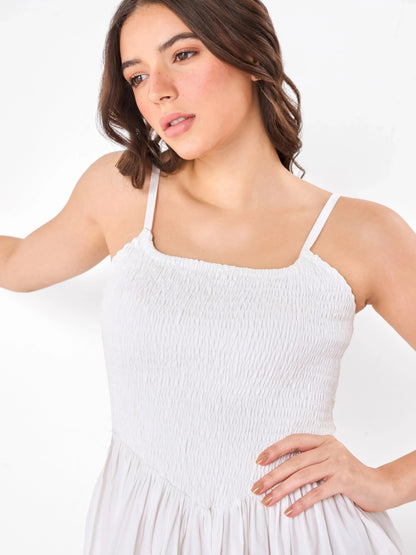 Dewdrop Smock Casual White Midi Dress Zumee