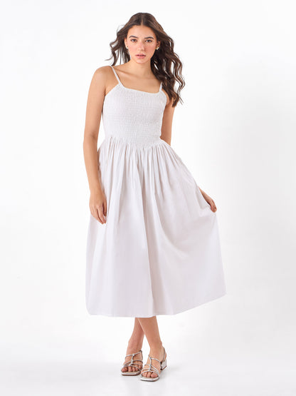 Dewdrop Smock Casual White Midi Dress