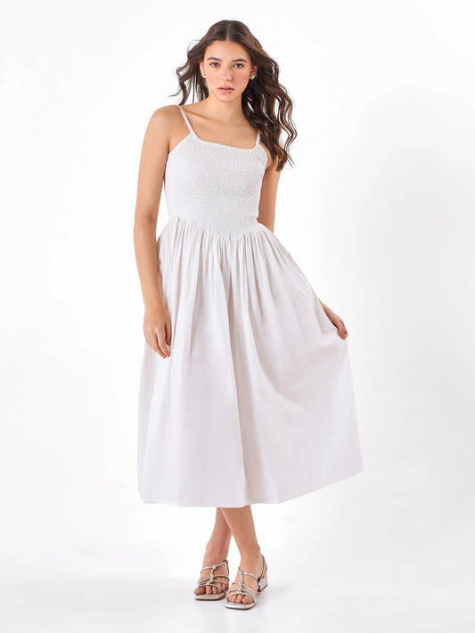 Dewdrop Smock Casual White Midi Dress Zumee