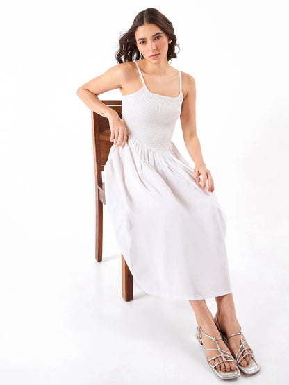 Dewdrop Smock Casual White Midi Dress