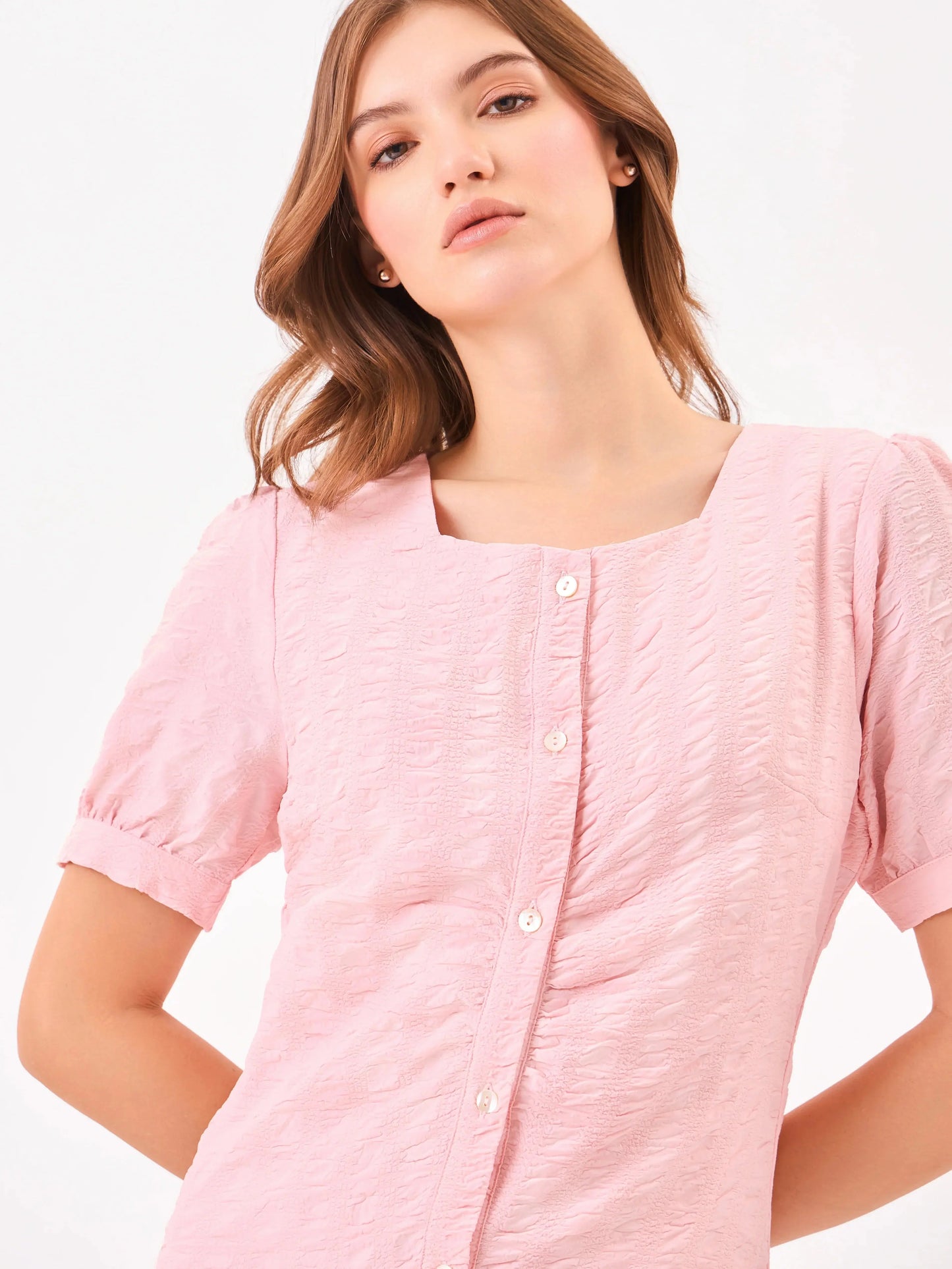 Cherry Blossom Square Neck Pink Shirt Dress Zumee