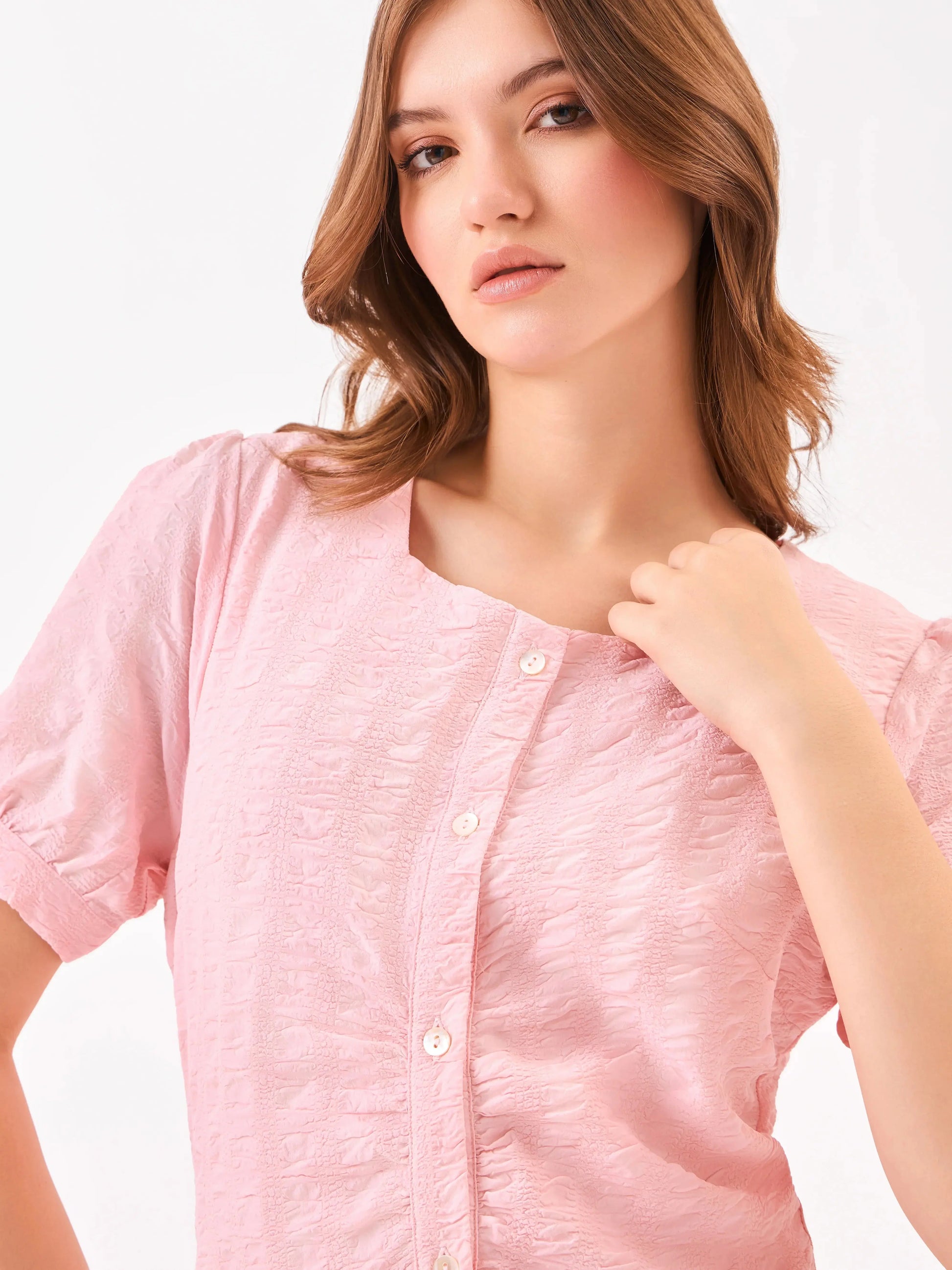 Cherry Blossom Square Neck Pink Shirt Dress Zumee