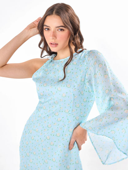 Female model wearing a flared sleeve blue mini dress from Stylera
