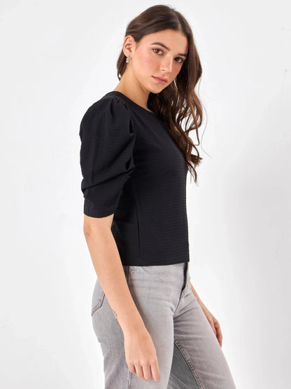 Shadow Chic Round Neck Black Top Zumee