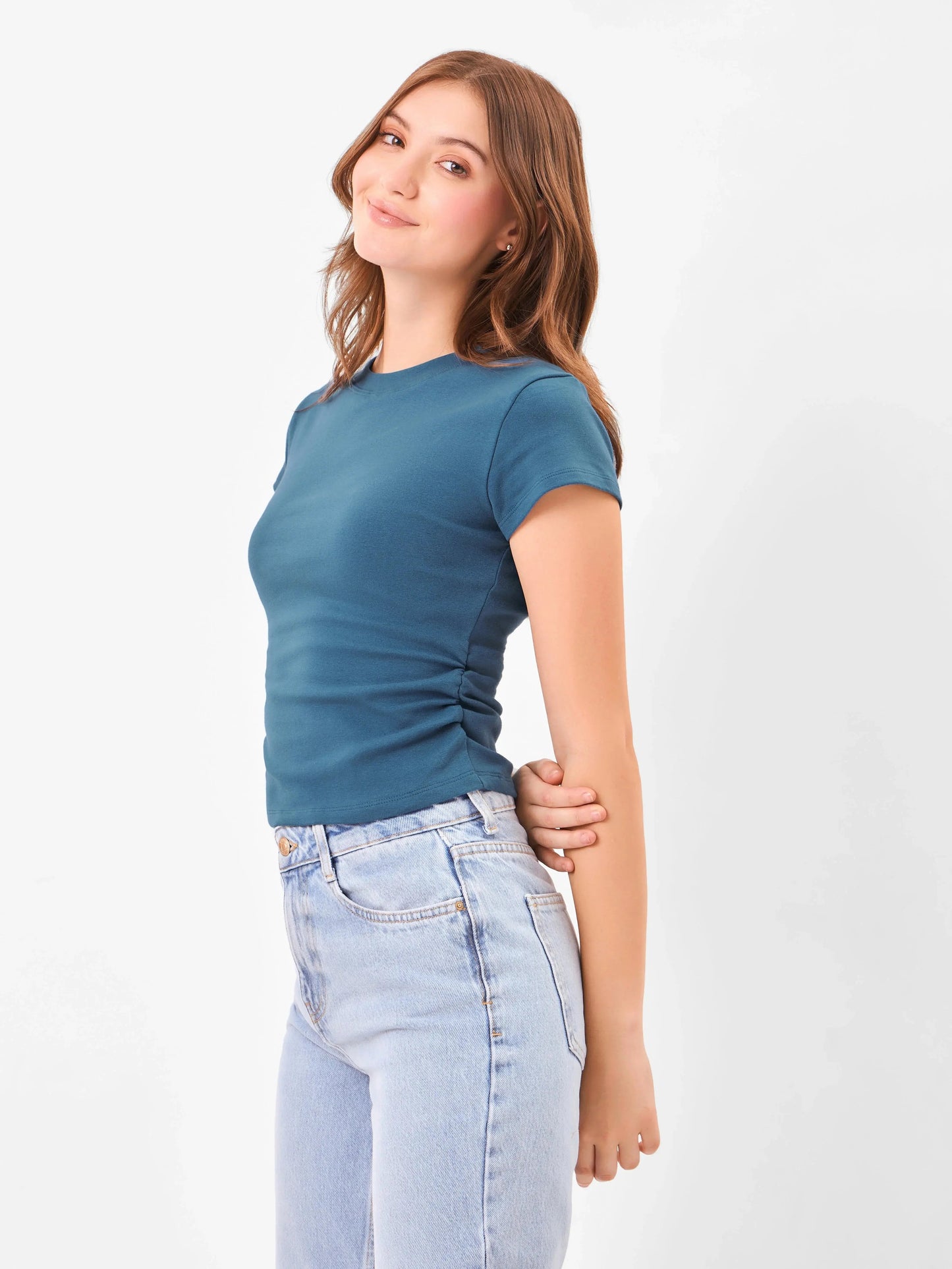 Casual Core Round Neck Teal Blue Top Zumee