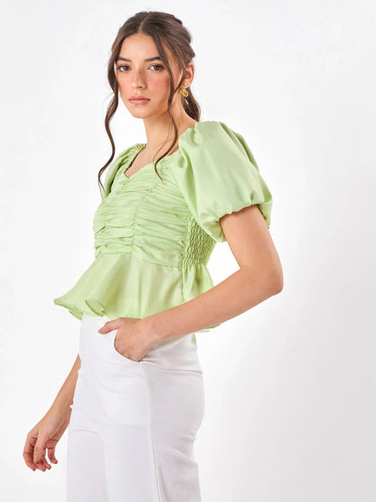 Casual Satin Green Glimmer Top Zumee