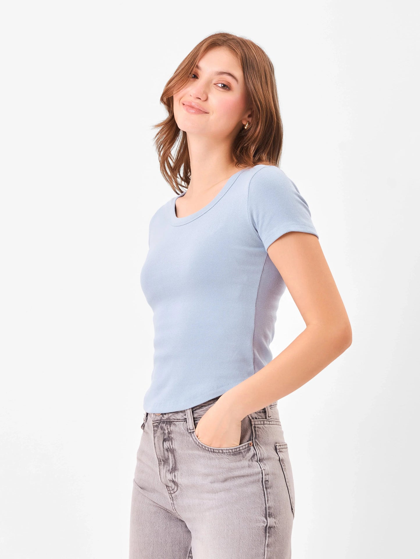 Casual Slay Round Neck Light Blue Top