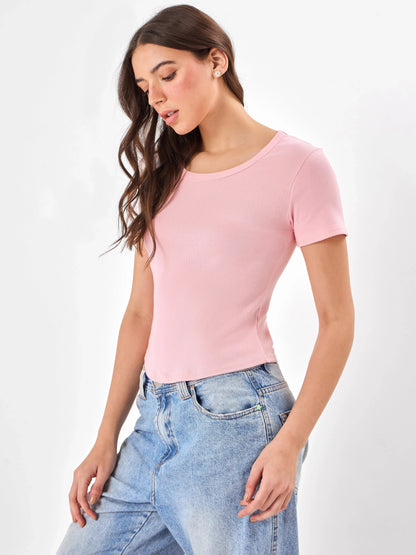 Cotton Round Neck Casual Slay Pink Top Zumee