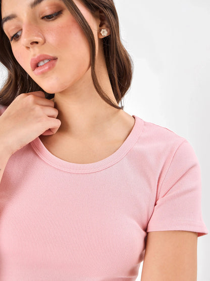 Cotton Round Neck Casual Slay Pink Top Zumee